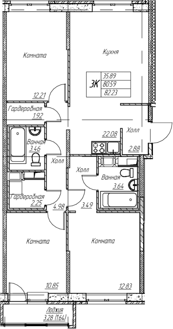 3-комнатная квартира 82.23 м², 19/22 эт., ЖК «Парк-квартал Юнтолово»